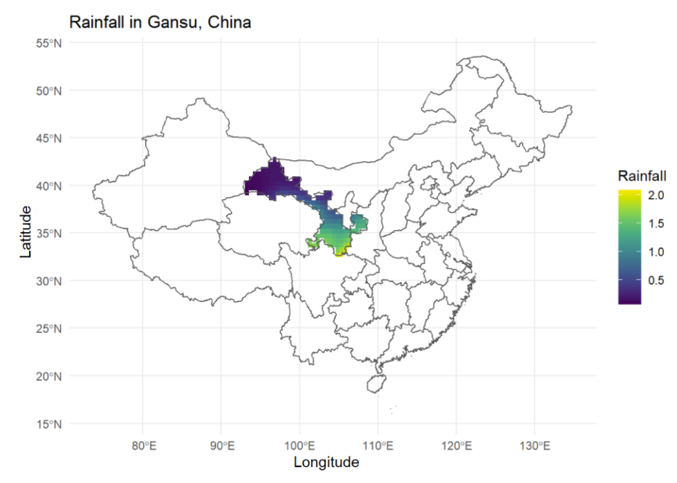 An outline map of China and its states. The area of Gansu is coloured by its rainfall level, and shows a gradient from dark blue(low rainfall) to yellow(high rainfall) from North to South.