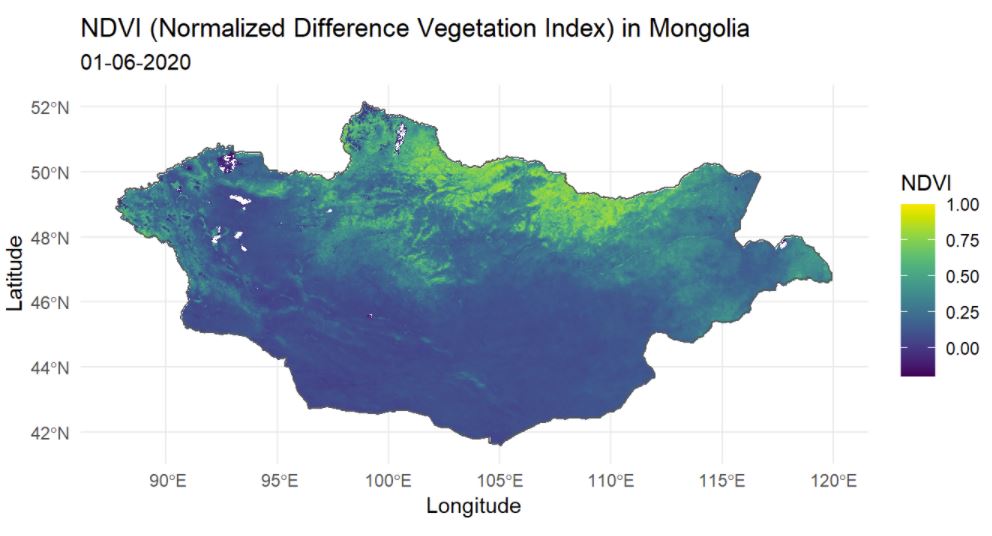 A map of Mongolia coloured by the Normalized Difference Vegetation Index(NDVI). The map shows the North of Mongolia to have a higher NDVI(coloured in yellow) compared to the South(coloured in dark blue)
