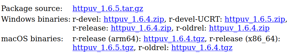 image of the available downloads for the httpuv package showing half of the binary versions at 1.6.5 and the other half at 1.6.4