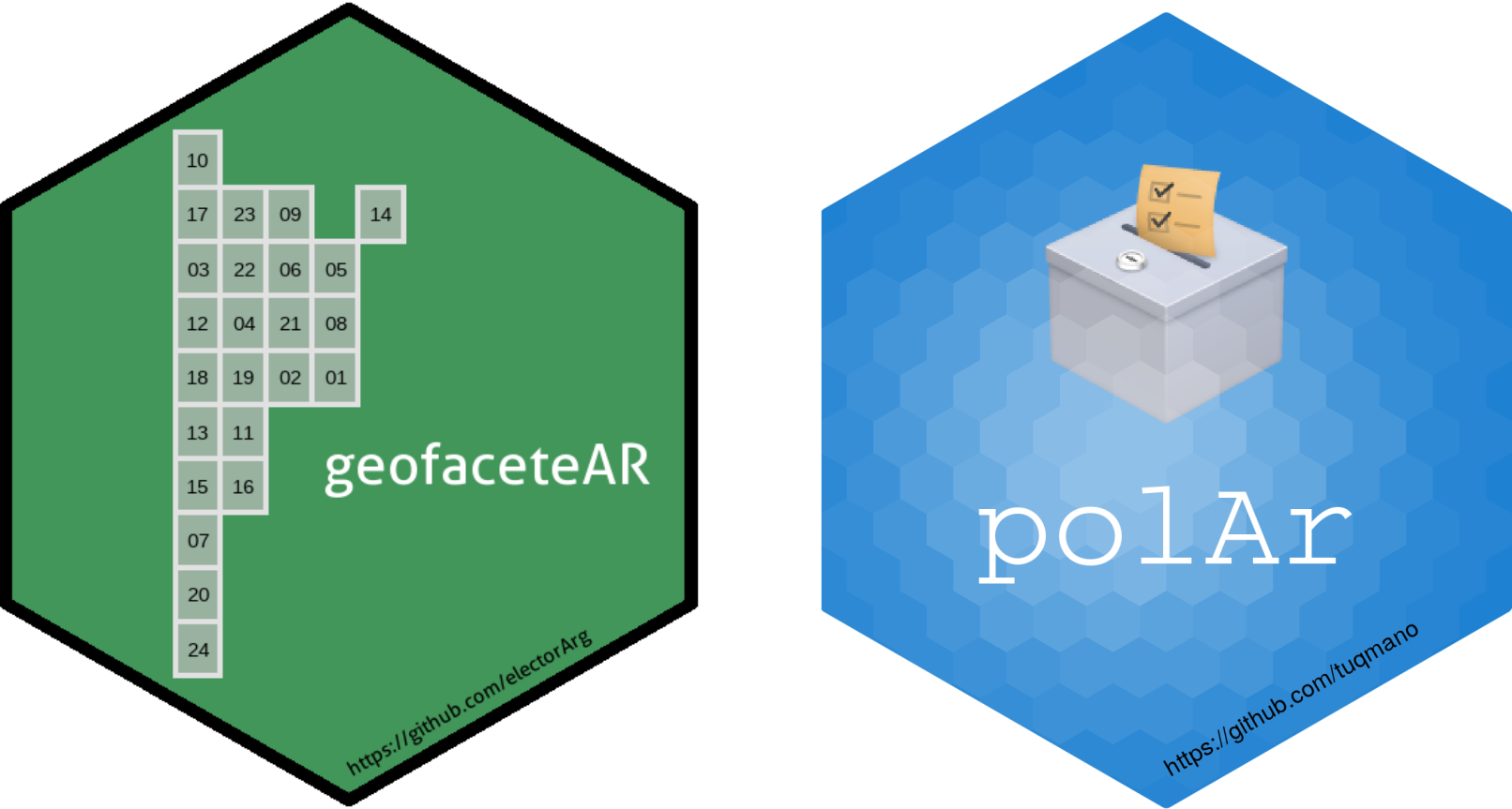 geofecetAR R package hex logo on the left and original polAr R package hex logo on the right