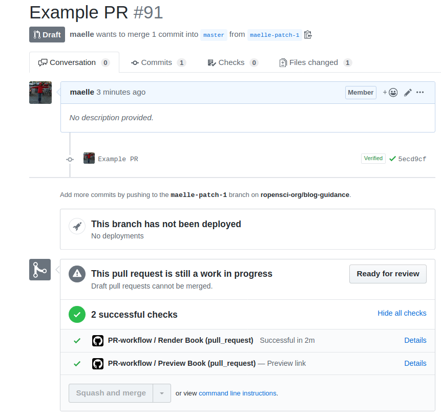 Screenshots of pull request checks in a pull request to the blog guide