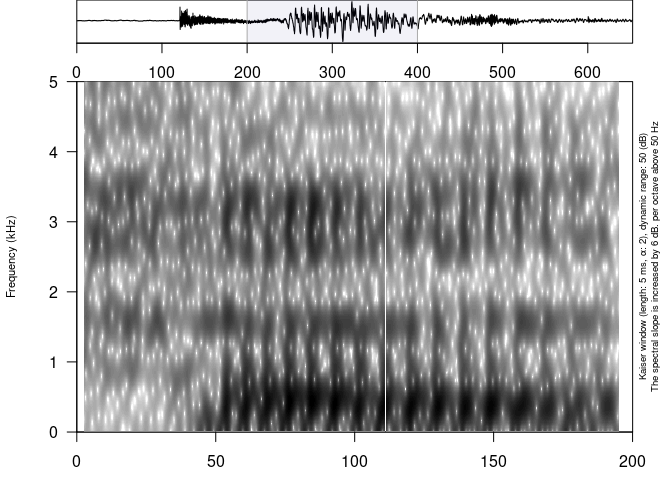 Oscillogram and spectrogram zoomed in to a specific time to illustrate usage of the zoom argument