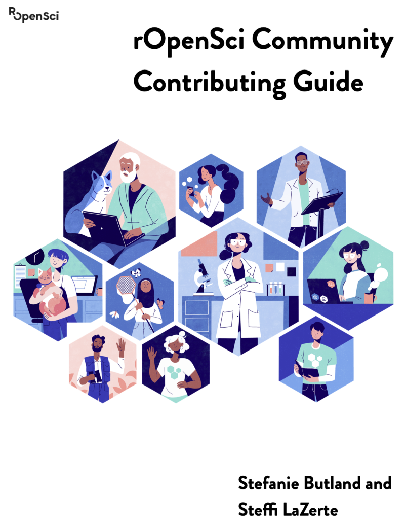 Contributing Guide book cover. Cartoon of six hypothetical rOpenSci community members