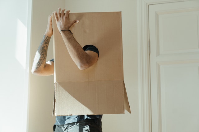 Person wearing a cardboard box on their head