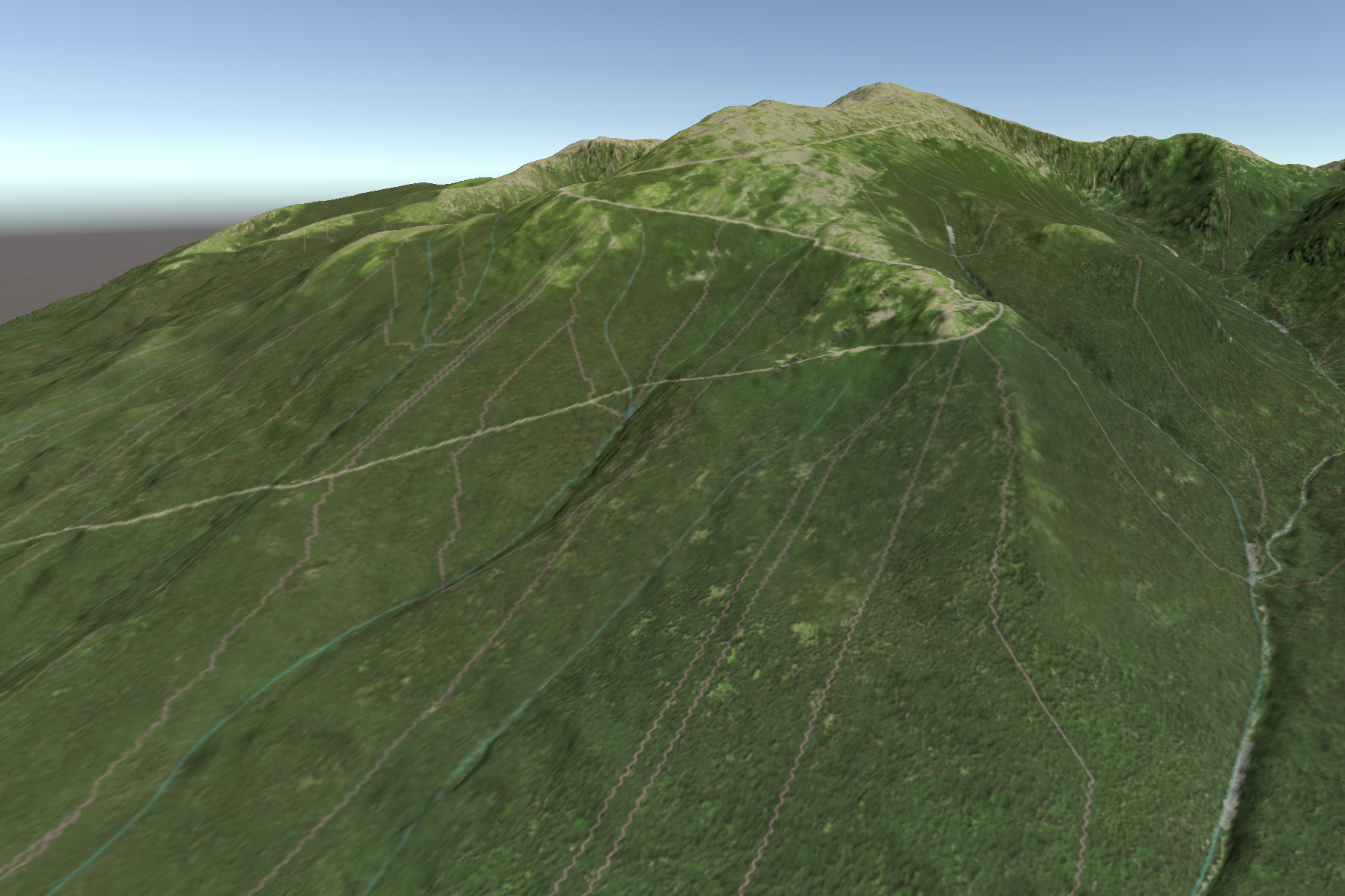 A 3D rendering of the summit of Mt. Washington, including watershed boundaries and river lines.