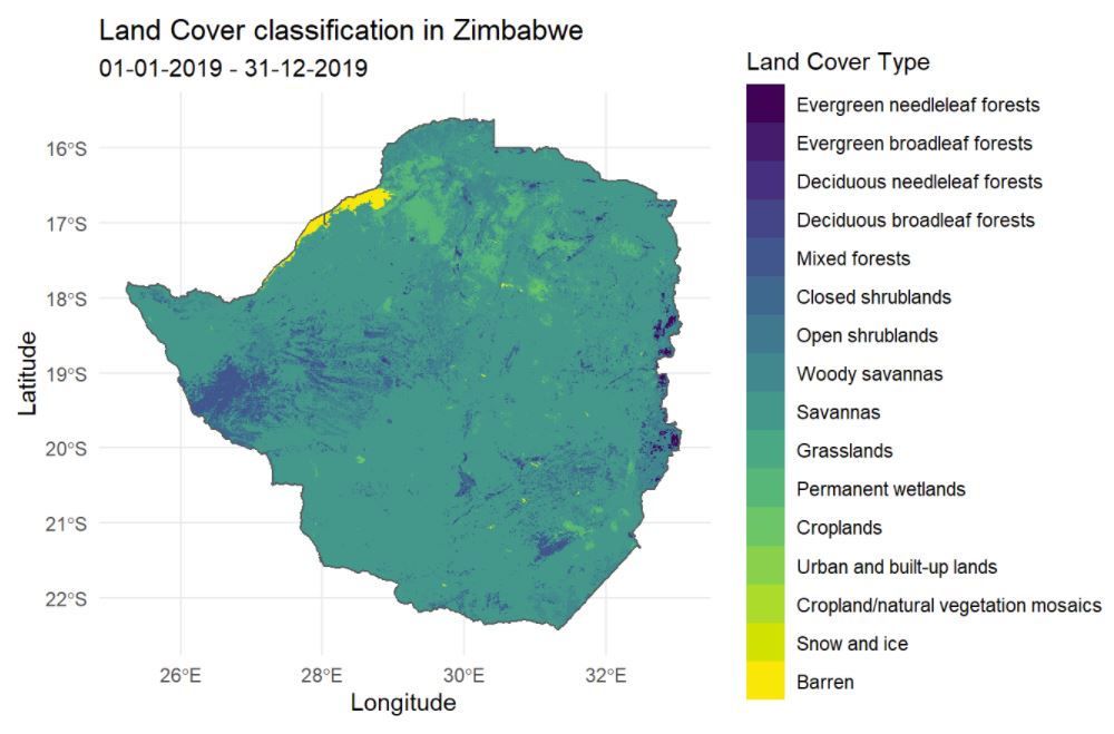 A map of Zimbabwe with its area colored by the corresponding land cover type - such as grasslands, croplands, barren etc.