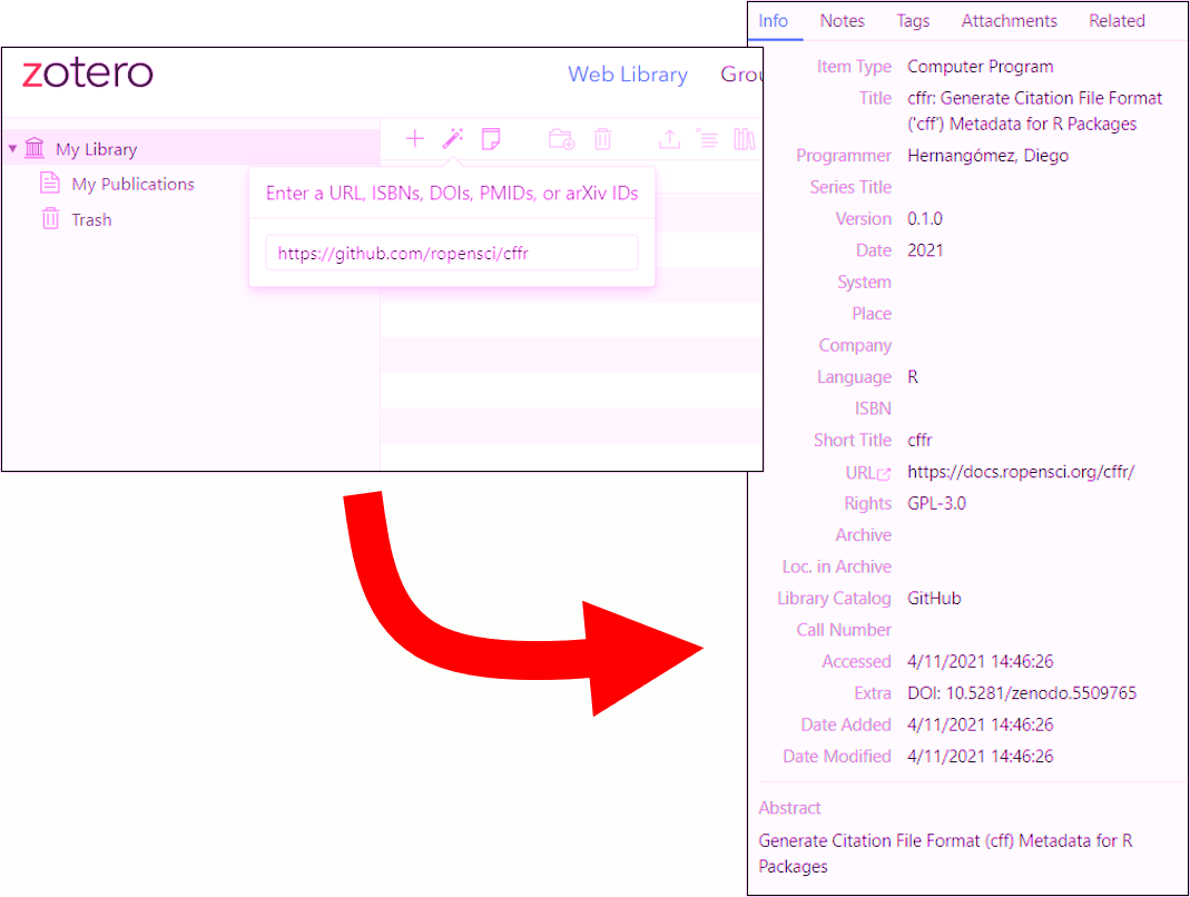 Screenshot of Zotero importing citation information for GitHub repo