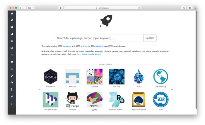 New R-universe landing page. There is a search bar. Below it are the logos of organizations. Above it is an animated rocket icon.