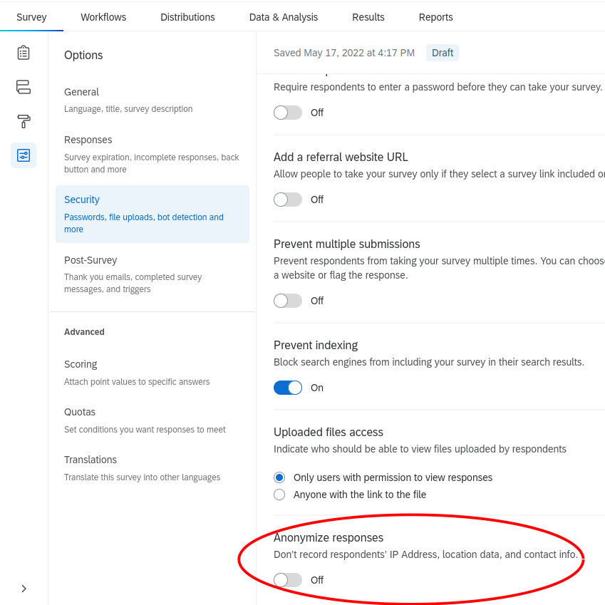 A screenshot of Qualtrics Survey > Options > Security tab.