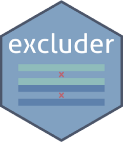 Hex sticker for excluder package, which has lines representing rows and red Xes representing excluded rows.