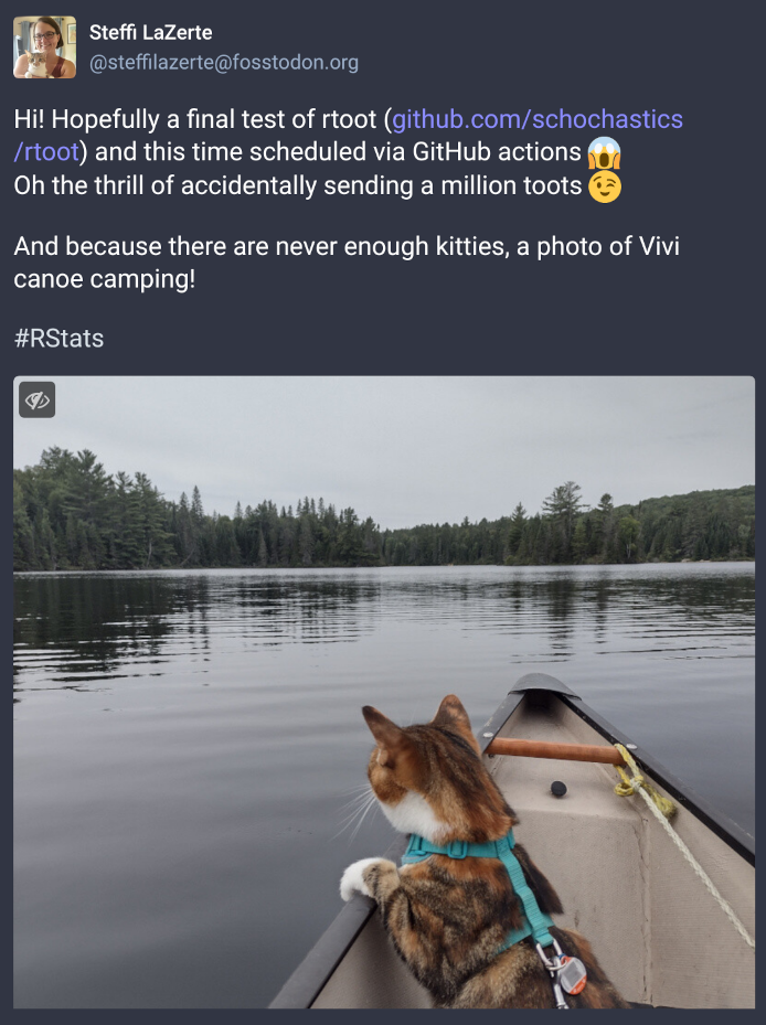 A screen shot of a Mastodon post by Steffi LaZerte with a photo of a cat in a canoe looking at trees in the a distance. The text states 'Hi! Hopefully a final test of rtoot and this time scheduled via GitHub actions 😱 Oh the thrill of accidentally sending a million toots 😉 And because there are never enough kitties, a photo of Vivi canoe camping! #RStats'.
