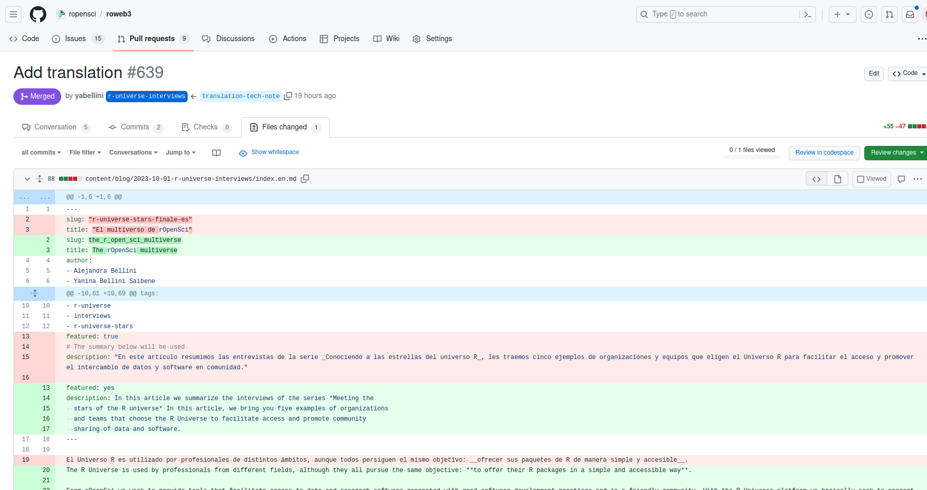 Screenshot of the files tab of the pull request adding the automatic translation, where we observe Spanish text in the YAML metadata and Markdown content has been translated to English.