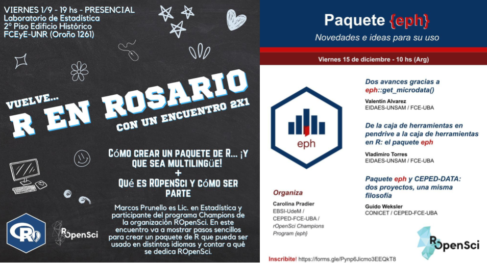 Events flyers in Spanish. First flyer shows a short bio about Marcos and information on the event venue in the Universidad Nacional de Rosario. Marcos' talk title Que es rOpenSci y como ser parte. Second flyer for the eph event featuring talks by Valentin, Vladimiro and Guido. 