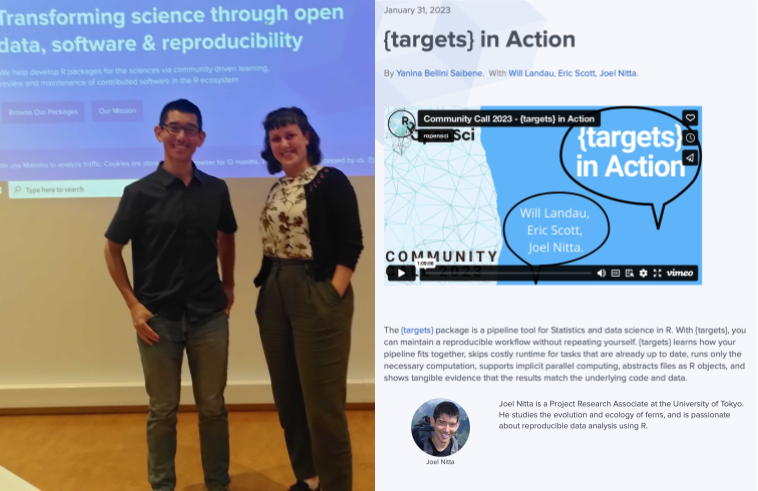 A photo of Mo and Joel during the workshop and a screenshot of the targets community call webpage