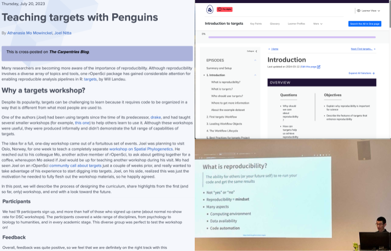 Screenshot of the blog post about the workshop, screenshot of the workshop material in The Carpentries Incubator, and a photo of Joel teaching