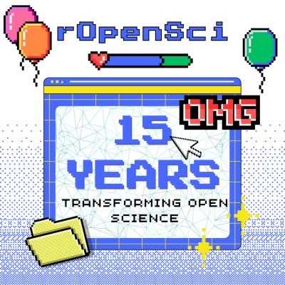 Retro pixel-art graphic celebrating rOpenSci's 15th anniversary. The text 'rOpenSci' appears at the top in pixel font, flanked by three pixel-art balloons. A browser window frames the central message: '15 YEARS / TRANSFORMING OPEN SCIENCE' in bold pixel letters, overlaid on the rOpenSci geometric network pattern. A pixel badge reads 'OMG'. A pixel folder and sparkle icons complete the design.