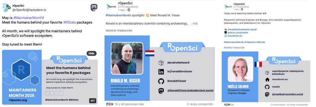 First post in Mastodon announcing the maintainer month campaign, Ronald M. Visser and Maëlle Salmon post on LinkedIn
