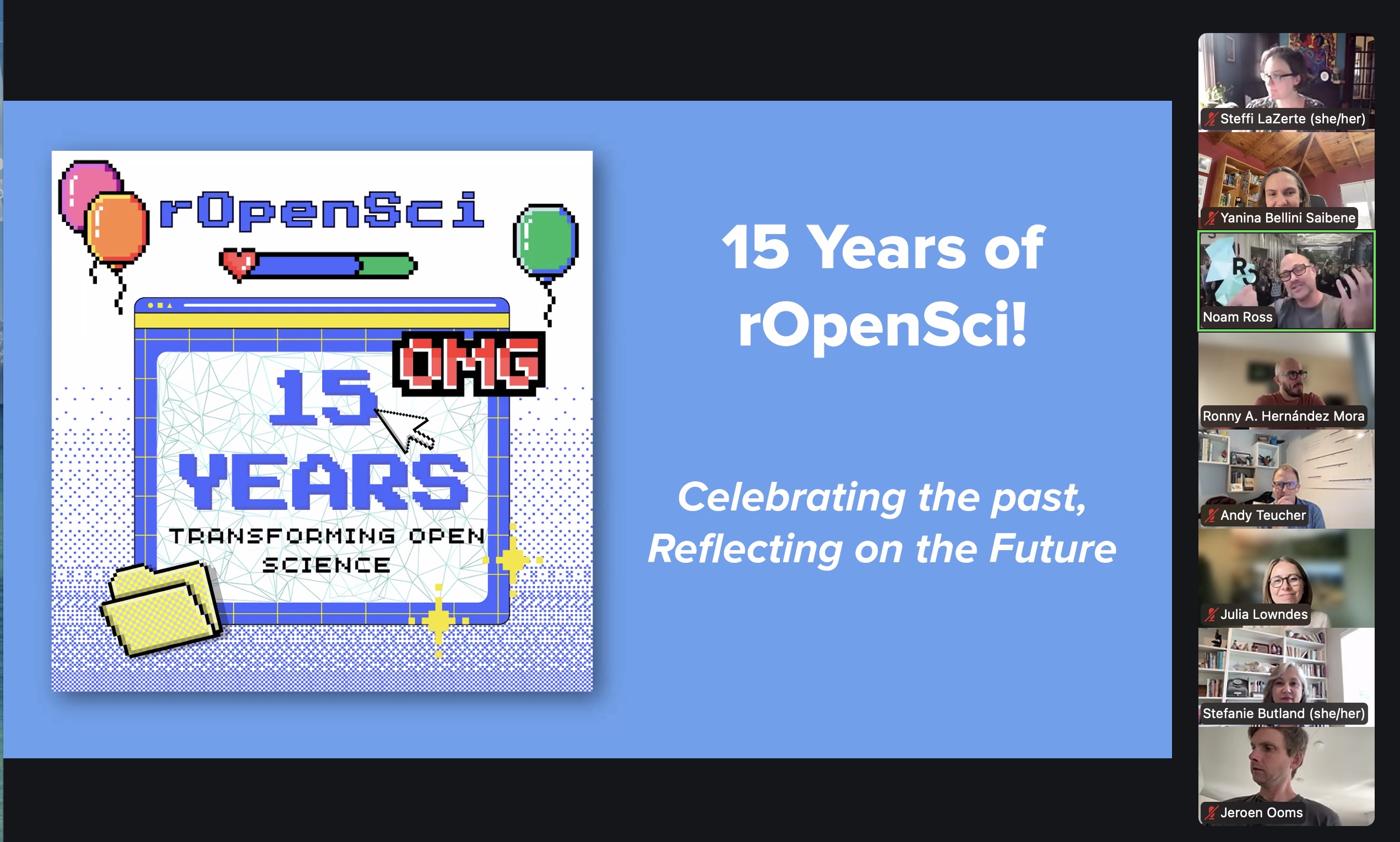 Zoom meeting with 15 years old welcoming slide and attendees to the event