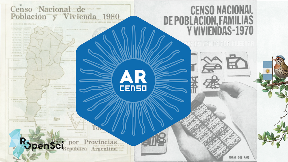 Illustration of the Argentine Census featuring the ARcenso and rOpenSci logos, a hornero (the national bird), and graphic material from the 1970 and 1980 censuses.